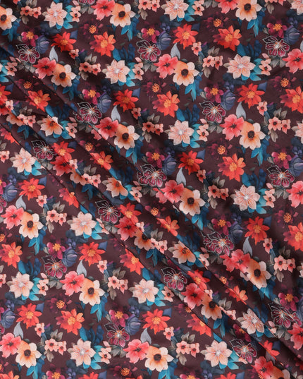 Maroon Multicolor Floral Printed Viscose Modal Satin Fabric, 110 Cms Width, India-D24807