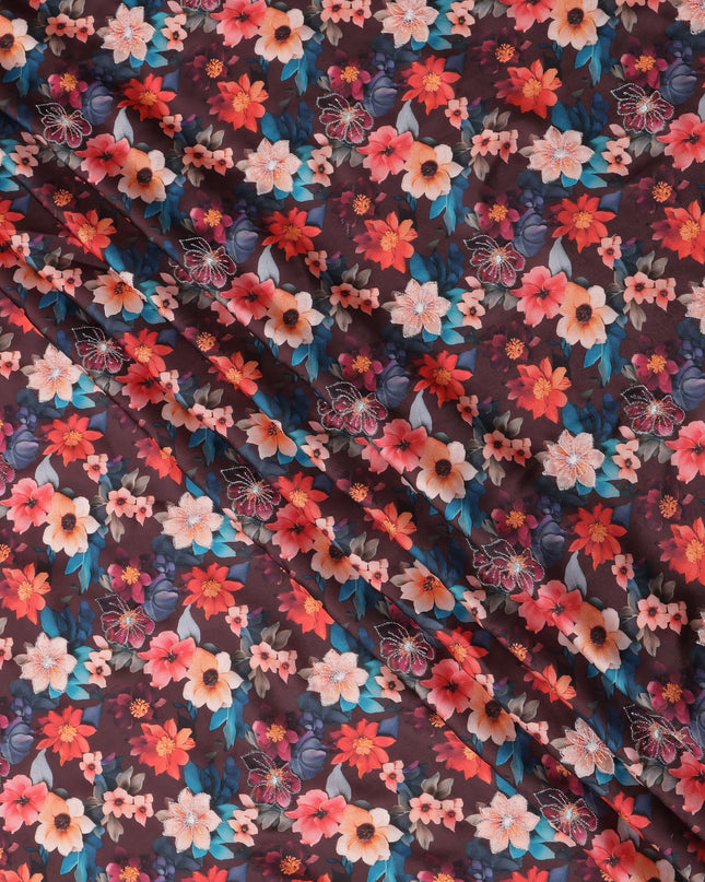 Maroon Multicolor Floral Printed Viscose Modal Satin Fabric, 110 Cms Width, India-D24807