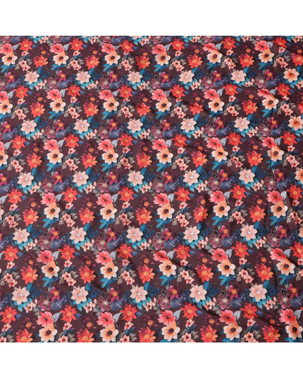 Maroon Multicolor Floral Printed Viscose Modal Satin Fabric, 110 Cms Width, India-D24807