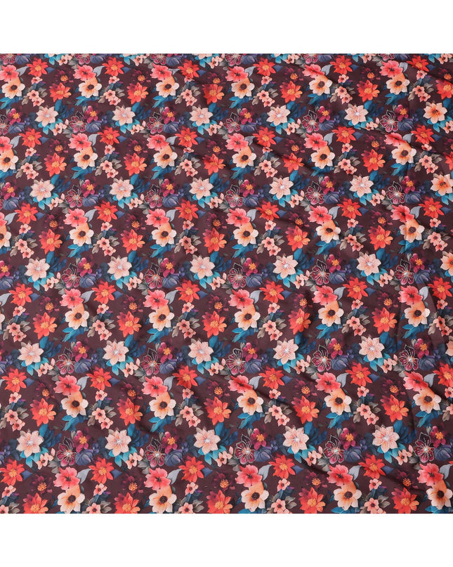 Maroon Multicolor Floral Printed Viscose Modal Satin Fabric, 110 Cms Width, India-D24807