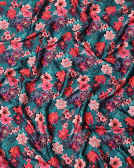 Teal Green Multicolor Floral Printed Viscose Modal Satin Fabric, 110 Cms Width, India-D24810