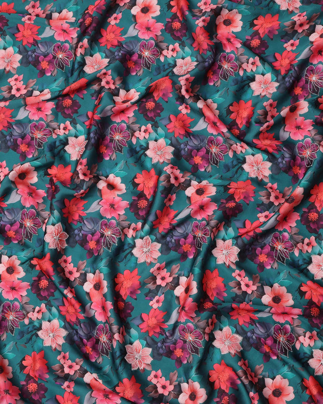 Teal Green Multicolor Floral Printed Viscose Modal Satin Fabric, 110 Cms Width, India-D24810 Regal Fabrics