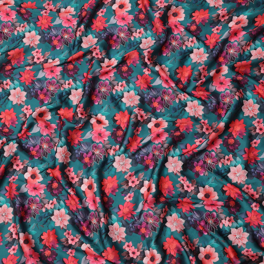Teal Green Multicolor Floral Printed Viscose Modal Satin Fabric, 110 Cms Width, India-D24810