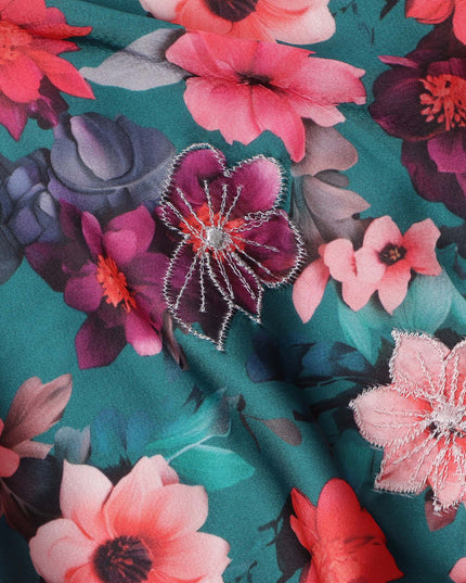 Teal Green Multicolor Floral Printed Viscose Modal Satin Fabric, 110 Cms Width, India-D24810