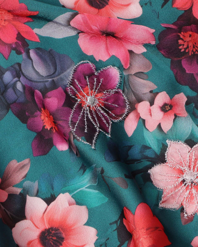 Teal Green Multicolor Floral Printed Viscose Modal Satin Fabric, 110 Cms Width, India-D24810 Regal Fabrics