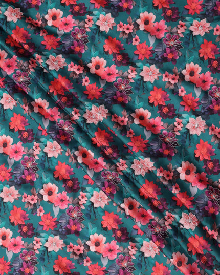 Teal Green Multicolor Floral Printed Viscose Modal Satin Fabric, 110 Cms Width, India-D24810