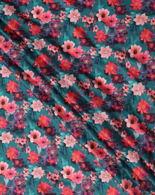 Teal Green Multicolor Floral Printed Viscose Modal Satin Fabric, 110 Cms Width, India-D24810 Regal Fabrics