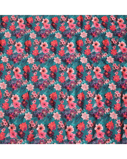 Teal Green Multicolor Floral Printed Viscose Modal Satin Fabric, 110 Cms Width, India-D24810