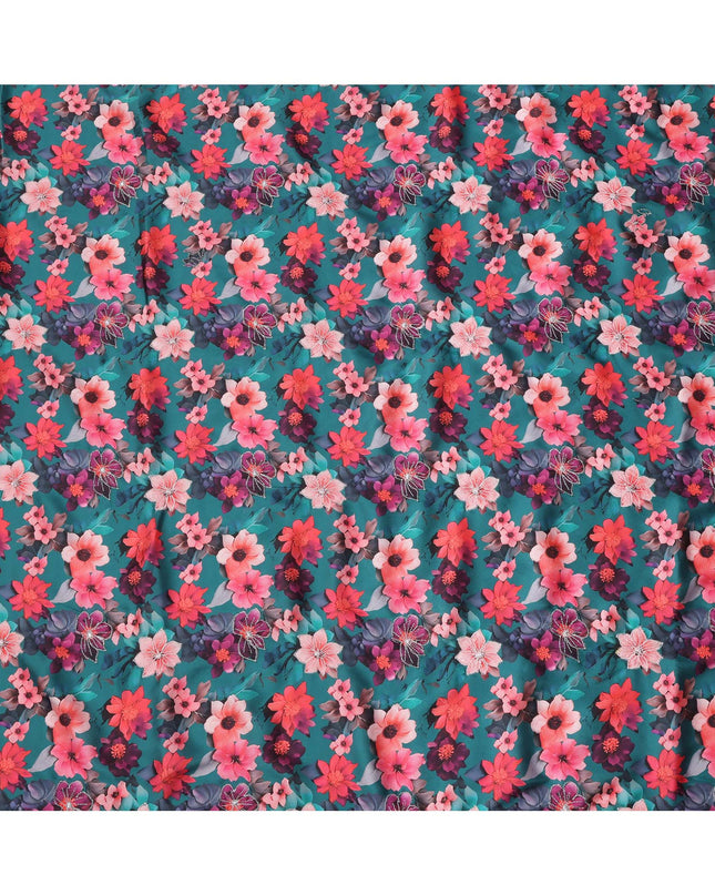 Teal Green Multicolor Floral Printed Viscose Modal Satin Fabric, 110 Cms Width, India-D24810 Regal Fabrics