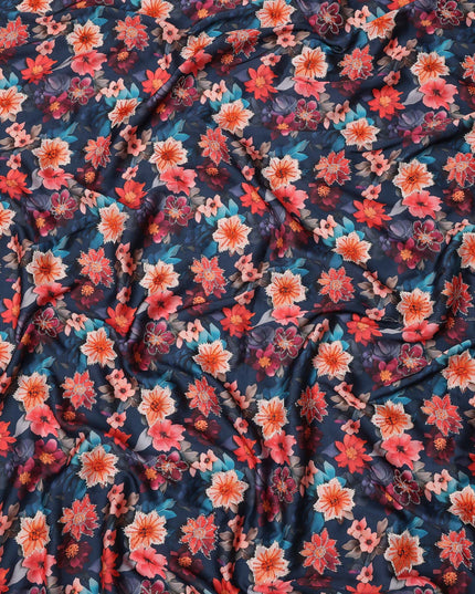 Navy Blue Multicolor Floral Printed Viscose Modal Satin Fabric, 110 Cms Width, India-D24811