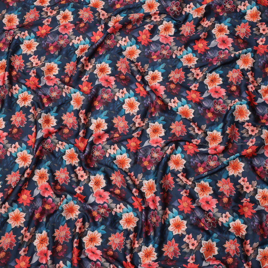 Navy Blue Multicolor Floral Printed Viscose Modal Satin Fabric, 110 Cms Width, India-D24811