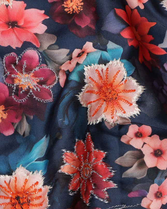 Navy Blue Multicolor Floral Printed Viscose Modal Satin Fabric, 110 Cms Width, India-D24811