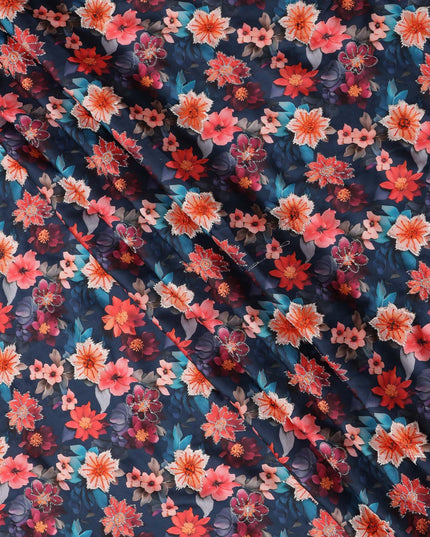 Navy Blue Multicolor Floral Printed Viscose Modal Satin Fabric, 110 Cms Width, India-D24811