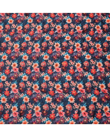 Navy Blue Multicolor Floral Printed Viscose Modal Satin Fabric, 110 Cms Width, India-D24811