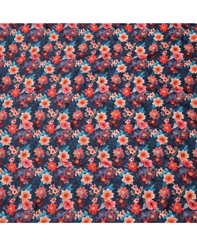 Navy Blue Multicolor Floral Printed Viscose Modal Satin Fabric, 110 Cms Width, India-D24811
