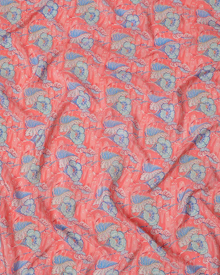 Coral Pink Floral Printed Viscose Crepe Fabric, 110 Cms Width, India-D24804