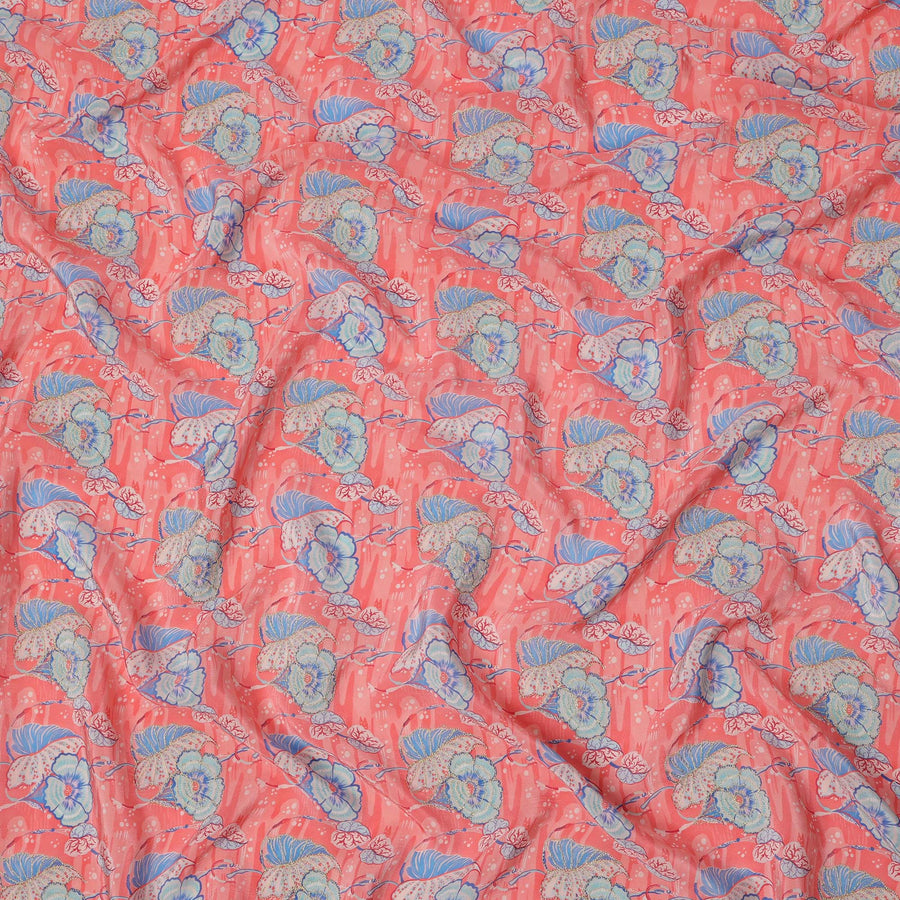 Coral Pink Floral Printed Viscose Crepe Fabric, 110 Cms Width, India-D24804