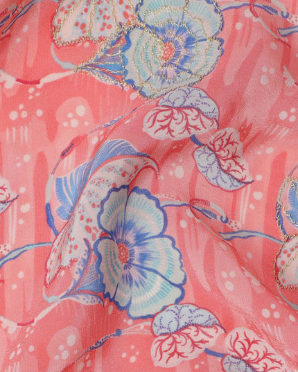 Coral Pink Floral Printed Viscose Crepe Fabric, 110 Cms Width, India-D24804