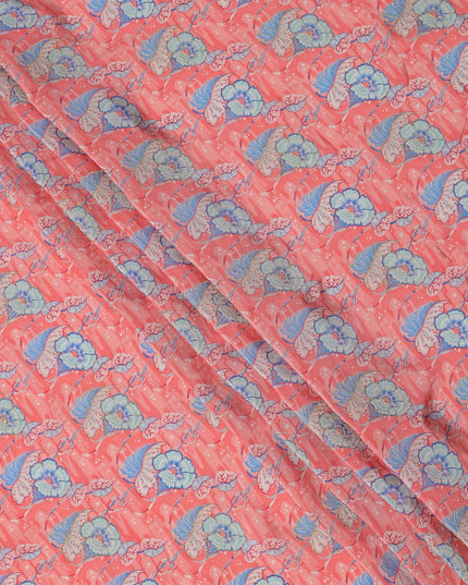 Coral Pink Floral Printed Viscose Crepe Fabric, 110 Cms Width, India-D24804