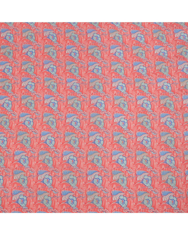 قماش كريب فيسكوز مطبوع عليه زهور وردية مرجاني، عرض 110 سم، الهند - D24804