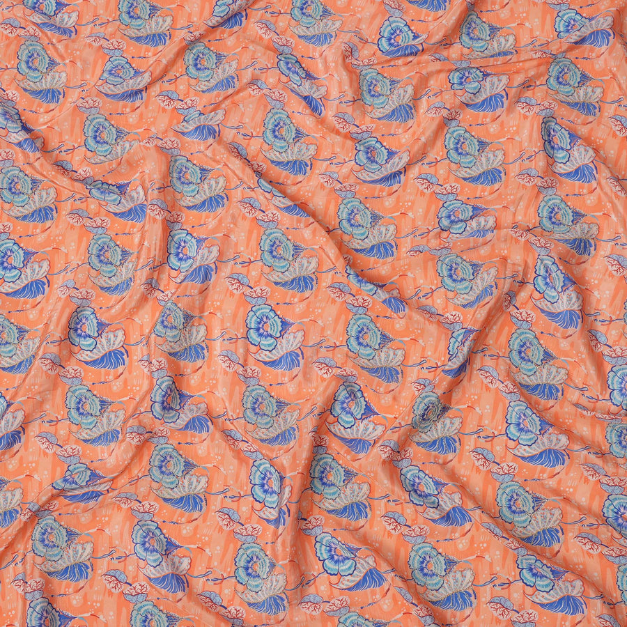 Peach Orange Floral Printed Viscose Crepe Fabric, 110 Cms Width, India-D24806