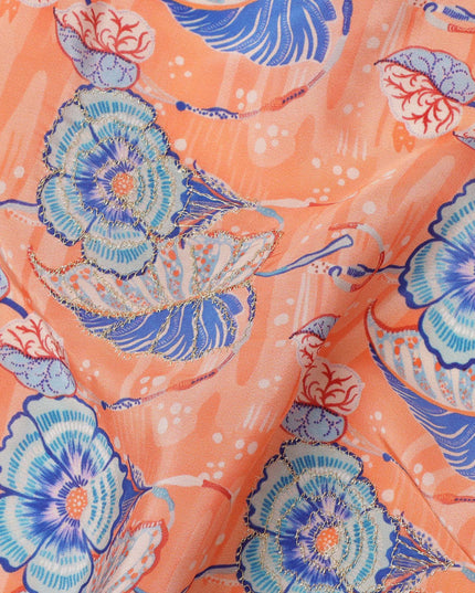 Peach Orange Floral Printed Viscose Crepe Fabric, 110 Cms Width, India-D24806