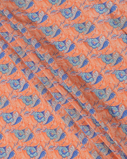 Peach Orange Floral Printed Viscose Crepe Fabric, 110 Cms Width, India-D24806
