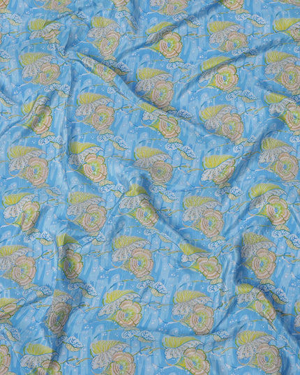 Sky Blue Floral Printed Viscose Crepe Fabric, 110 Cms Width, India-D24805