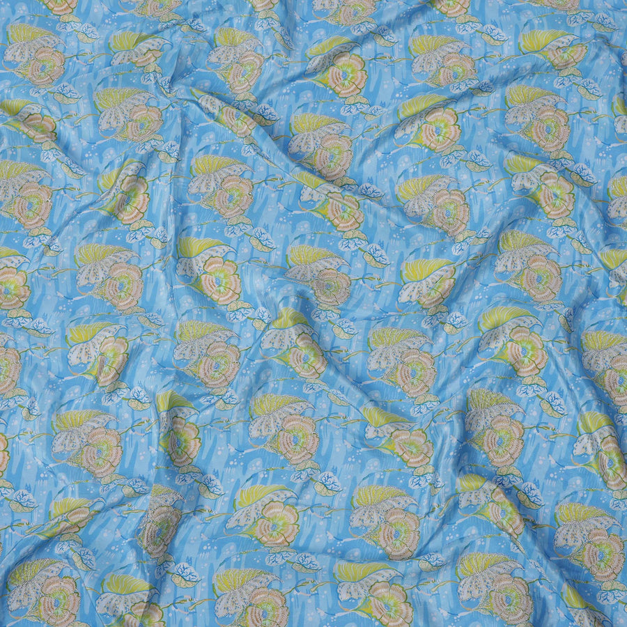 Sky Blue Floral Printed Viscose Crepe Fabric, 110 Cms Width, India-D24805