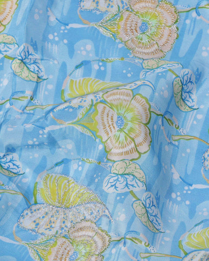 Sky Blue Floral Printed Viscose Crepe Fabric, 110 Cms Width, India-D24805