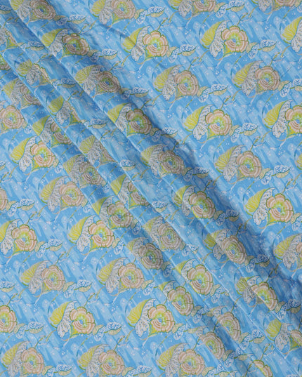 Sky Blue Floral Printed Viscose Crepe Fabric, 110 Cms Width, India-D24805