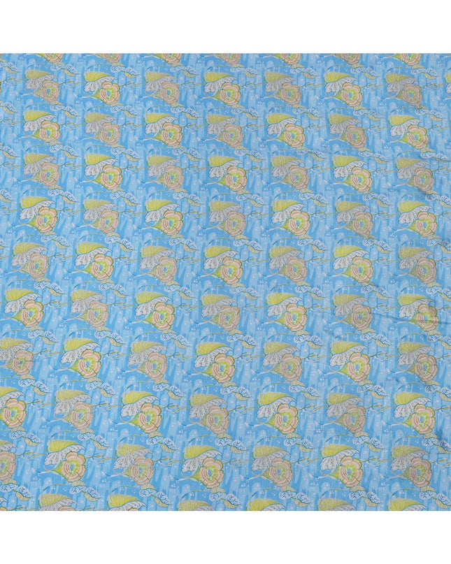 قماش كريب فيسكوز مطبوع عليه زهور باللون الأزرق السماوي، عرض 110 سم، الهند - D24805