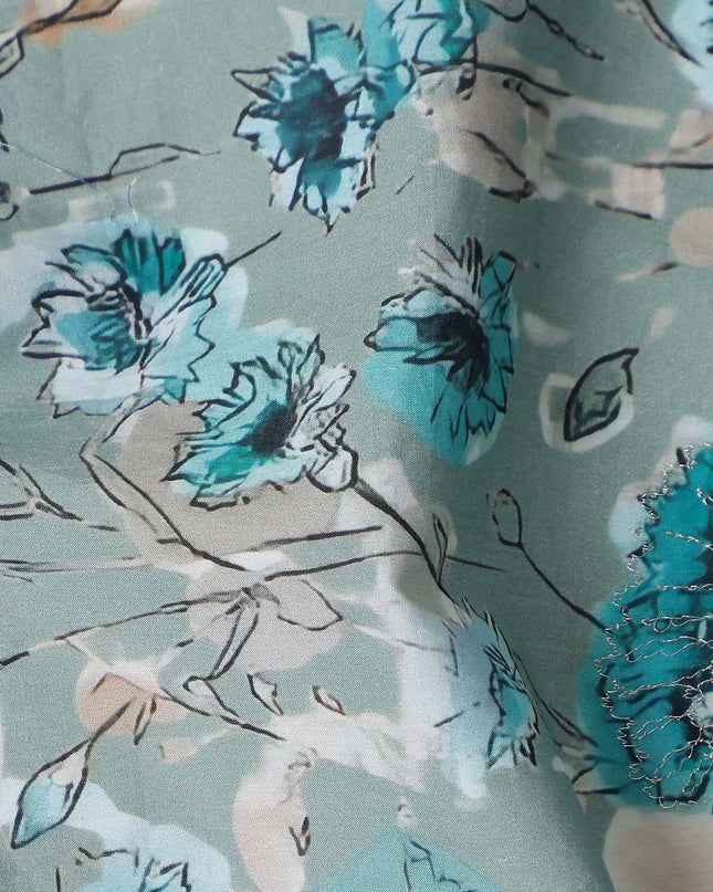 Seafoam Green Floral Cotton Voile Fabric 110cm