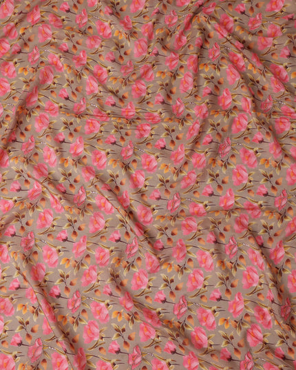Taupe Brown Floral Cotton Voile Fabric 110cm