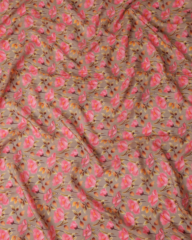 Taupe Brown Floral Cotton Voile Fabric 110cm