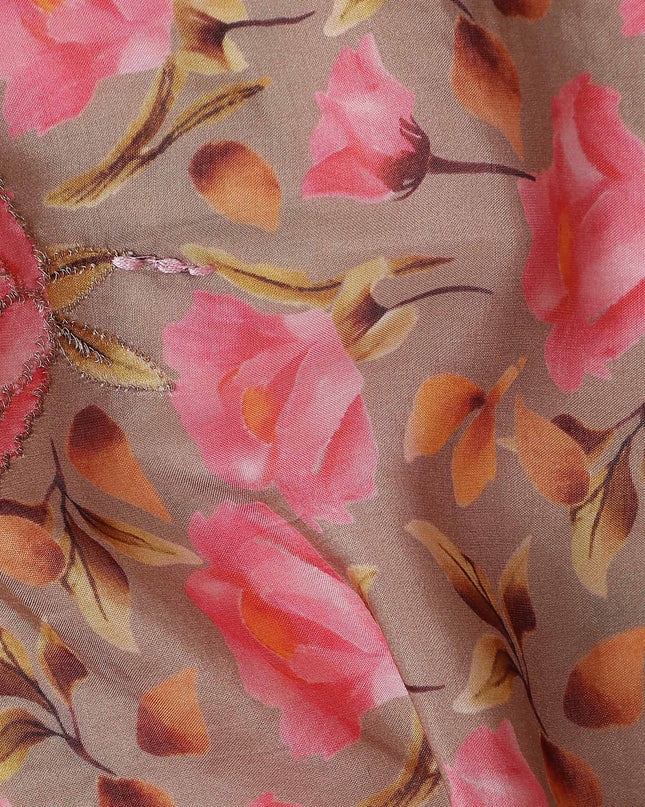 Taupe Brown Floral Cotton Voile Fabric 110cm