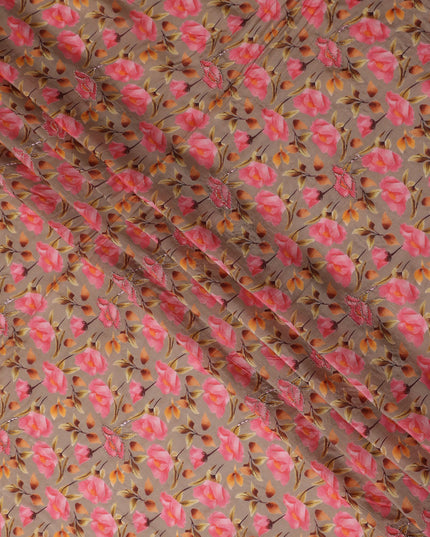 Taupe Brown Floral Cotton Voile Fabric 110cm