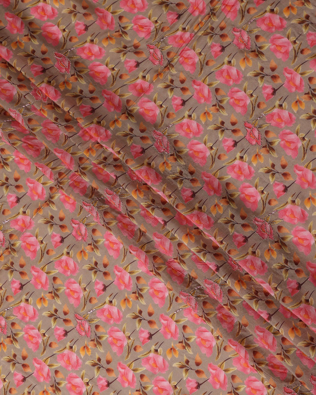 Taupe Brown Floral Cotton Voile Fabric 110cm