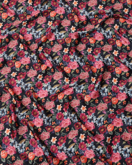 Black Multicolor Floral Printed Viscose Modal Satin Fabric, 110 Cms Width, India-D24809