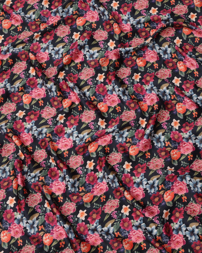 Black Multicolor Floral Printed Viscose Modal Satin Fabric, 110 Cms Width, India-D24809