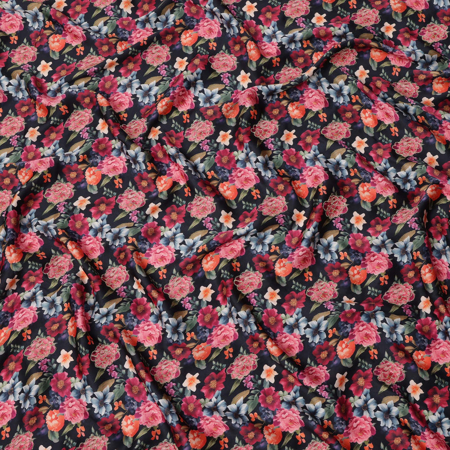 Black Multicolor Floral Printed Viscose Modal Satin Fabric, 110 Cms Width, India-D24809