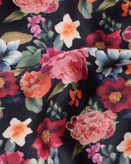 Black Multicolor Floral Printed Viscose Modal Satin Fabric, 110 Cms Width, India-D24809