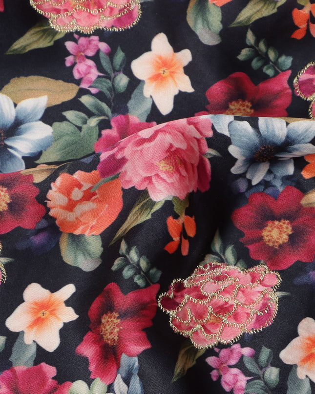 Black Multicolor Floral Printed Viscose Modal Satin Fabric, 110 Cms Width, India-D24809