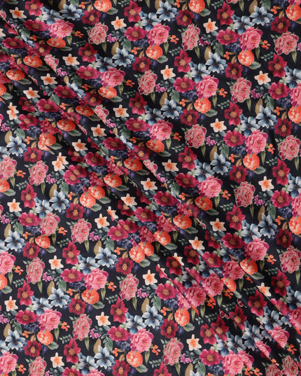 Black Multicolor Floral Printed Viscose Modal Satin Fabric, 110 Cms Width, India-D24809