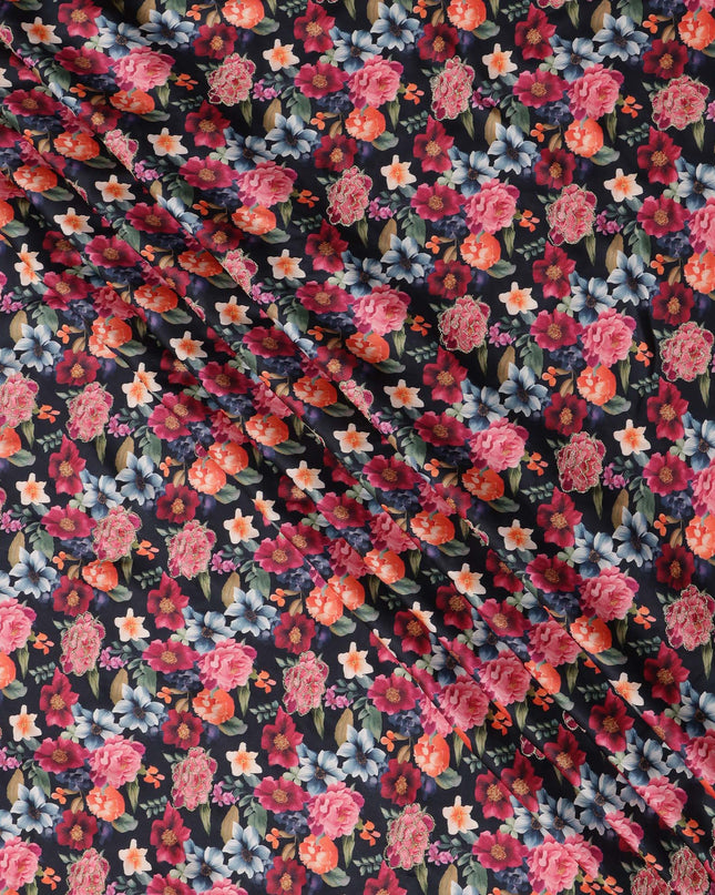 Black Multicolor Floral Printed Viscose Modal Satin Fabric, 110 Cms Width, India-D24809