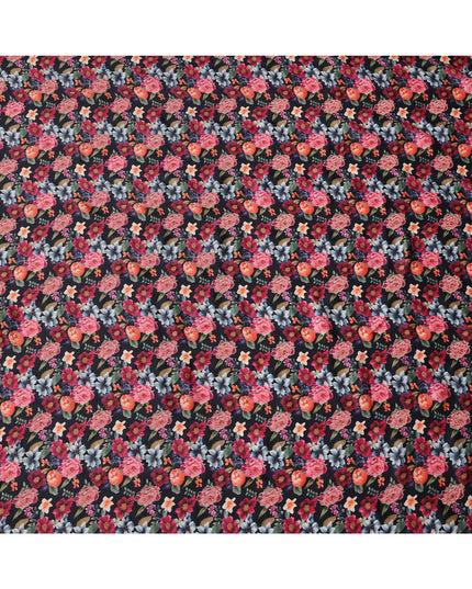 Black Multicolor Floral Printed Viscose Modal Satin Fabric, 110 Cms Width, India-D24809