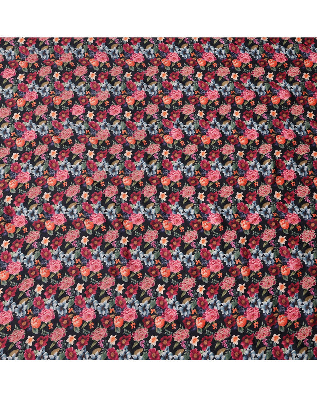 Black Multicolor Floral Printed Viscose Modal Satin Fabric, 110 Cms Width, India-D24809