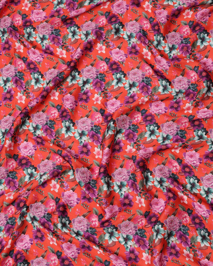 Red Multicolor Floral Printed Viscose Modal Satin Fabric, 110 Cms Width, India-D24812