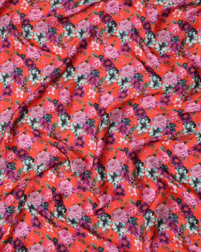 Red Multicolor Floral Printed Viscose Modal Satin Fabric, 110 Cms Width, India-D24812
