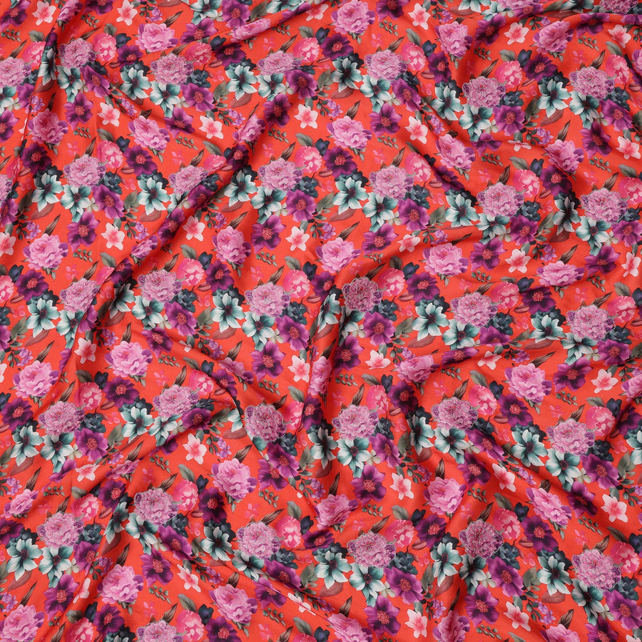 Red Multicolor Floral Printed Viscose Modal Satin Fabric, 110 Cms Width, India-D24812